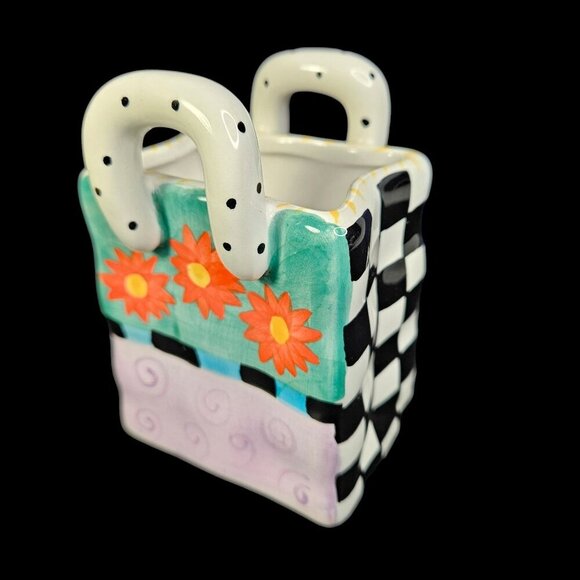 Milson‎ and Louis Hand Painted Flower Purse Bag Whimsical Planter Vase Ceramic - Picture 1 of 7